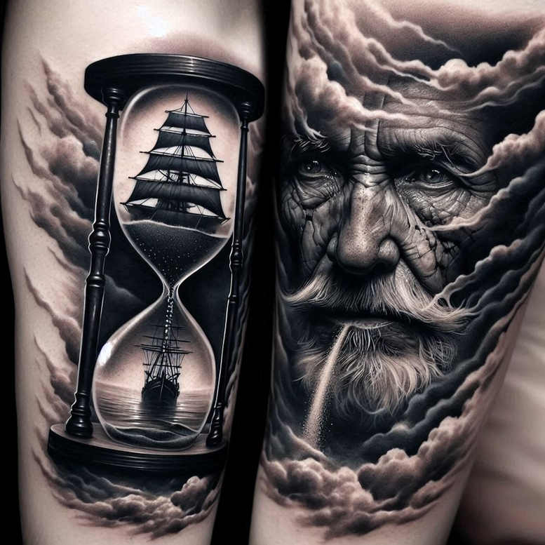 face-with-light-effects – tattoo design ideas free ai generated – neotraditional-detailed-linework – for-thigh – Gallery: faces-inkby-ai