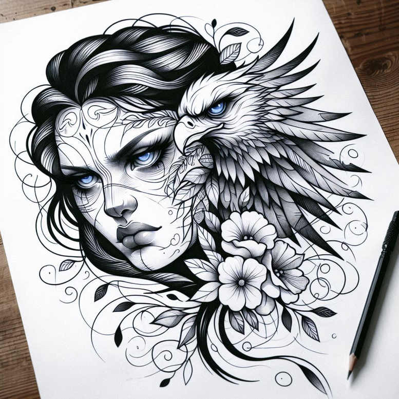 face-with-light-effects – tattoo design ideas free ai generated – neotraditional-subtle-tone – for-calf – Gallery: faces-inkby-ai