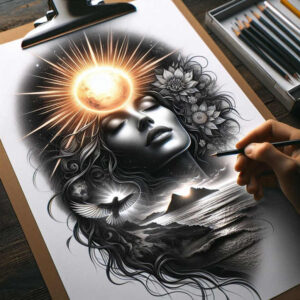 face-with-light-effects – tattoo design ideas free ai generated – realism-balanced-light – for-lower-thigh – Gallery: faces-inkby-ai