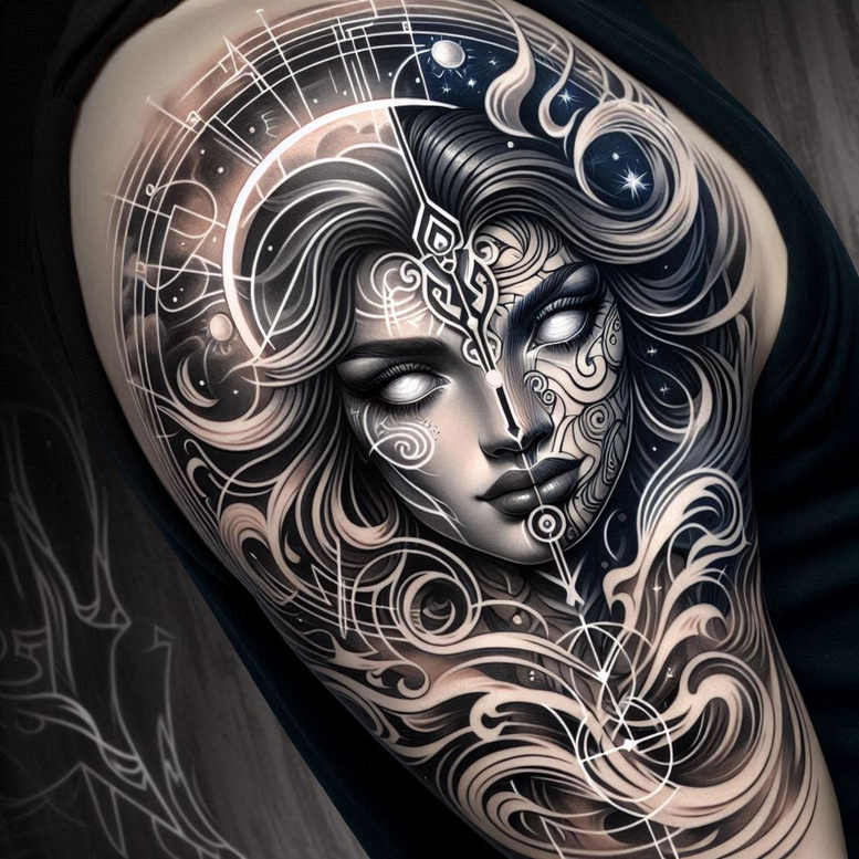 face-with-light-effects – tattoo design ideas free ai generated – realism-minimal-grain – for-temple – Gallery: faces-inkby-ai
