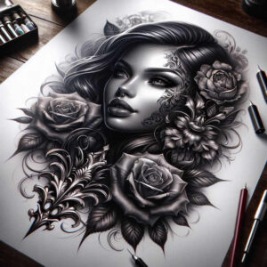 face-with-lips – tattoo design ideas free ai generated – neotraditional-color-richness – for-lower-back – Gallery: faces-inkby-ai