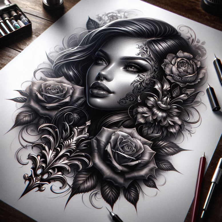 face-with-lips – tattoo design ideas free ai generated – neotraditional-color-richness – for-lower-back – Gallery: faces-inkby-ai