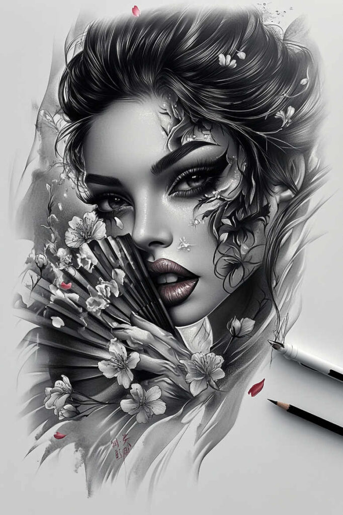 face-with-lips – tattoo design ideas free ai generated – surrealism-hyperreal – for-shoulder-blade – Gallery: faces-inkby-ai