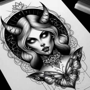 faces – tattoo design ideas free ai generated – neotraditional-crisp-lines – for-inner-arm – Gallery: faces-inkby-ai