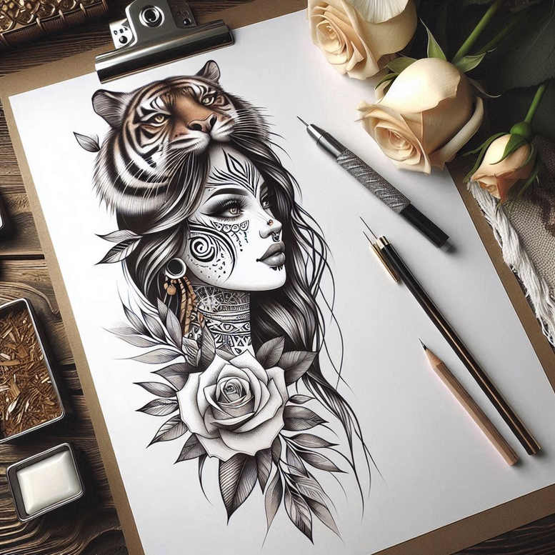 faces – tattoo design ideas free ai generated – surrealism-floating-elements – for-spine – Gallery: faces-inkby-ai