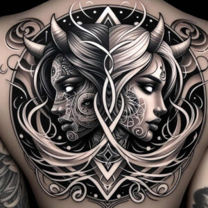 feathered-face – tattoo design ideas free ai generated – neotraditional-artistic-contrast – for-upper-chest – Gallery: faces-inkby-ai