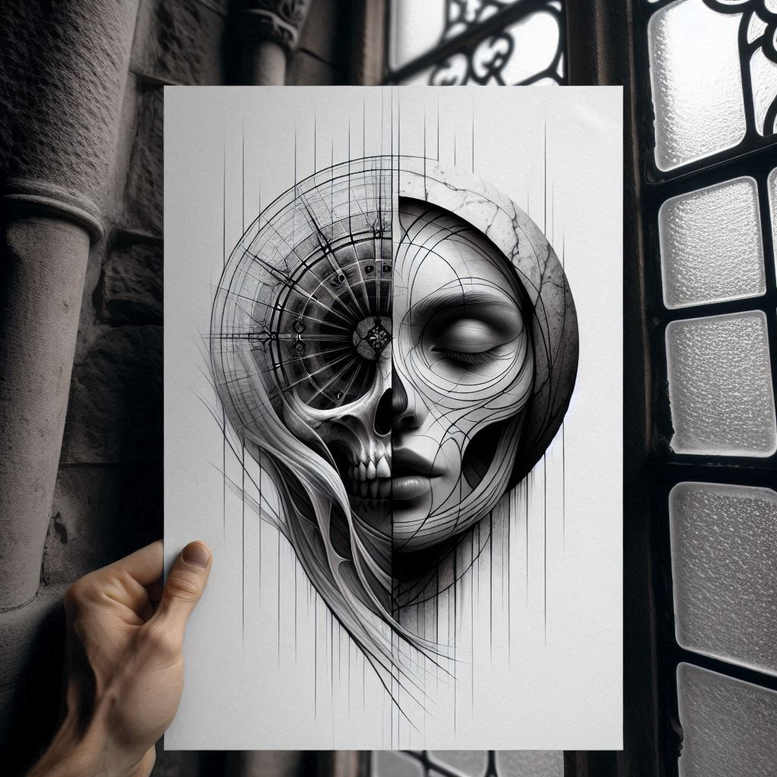 feathered-face – tattoo design ideas free ai generated – neotraditional-artistic-shading – for-behind-ear – Gallery: faces-inkby-ai