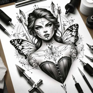 feathered-face – tattoo design ideas free ai generated – neotraditional-layered-fill – for-wrist – Gallery: faces-inkby-ai