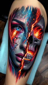 feathered-face – tattoo design ideas free ai generated – neotraditional-rich-blacks – for-nape – Gallery: faces-inkby-ai