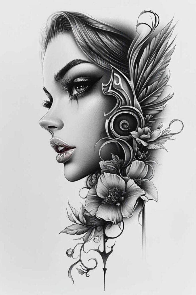 feathered-face – tattoo design ideas free ai generated – realism-color-precision – for-temple – Gallery: faces-inkby-ai
