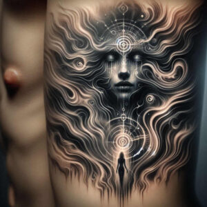 feathered-face – tattoo design ideas free ai generated – realism-tonal-depth – for-lower-back – Gallery: faces-inkby-ai
