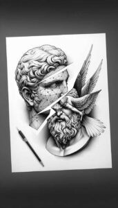 feathered-face – tattoo design ideas free ai generated – surrealism-symbolic-motifs – for-upper-chest – Gallery: faces-inkby-ai