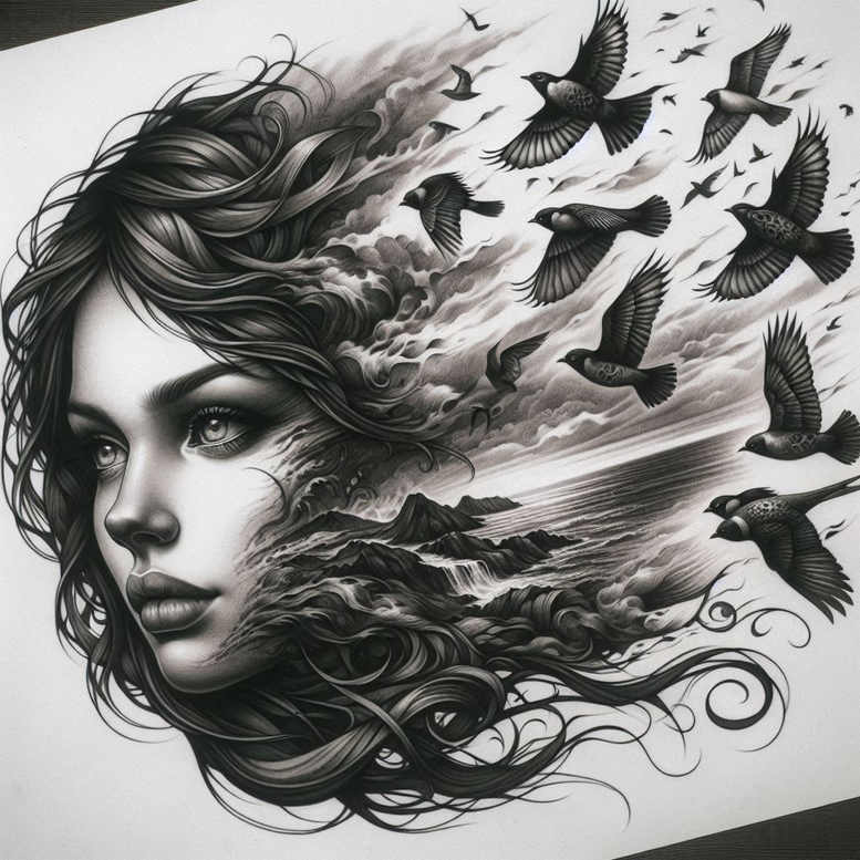 female-face – tattoo design ideas free ai generated – neotraditional-artful-color – for-back – Gallery: faces-inkby-ai