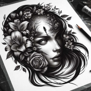 female-face – tattoo design ideas free ai generated – neotraditional-refined-lines – for-elbow – Gallery: faces-inkby-ai