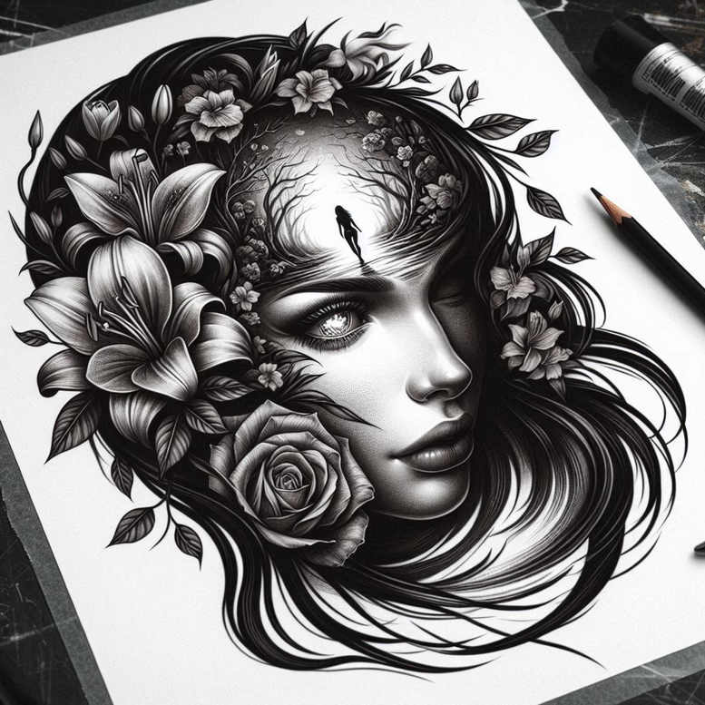 female-face – tattoo design ideas free ai generated – neotraditional-refined-lines – for-elbow – Gallery: faces-inkby-ai