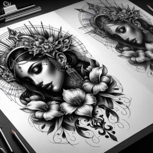 female-face – tattoo design ideas free ai generated – realism-contrast-ink – for-knee – Gallery: faces-inkby-ai