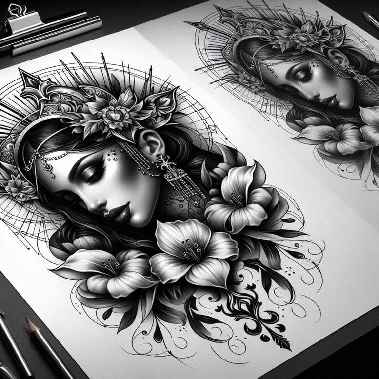 female-face – tattoo design ideas free ai generated – realism-contrast-ink – for-knee – Gallery: faces-inkby-ai