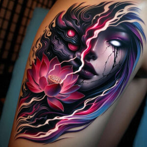 female-face – tattoo design ideas free ai generated – surrealism-esoteric-symbolism – for-upper-arm – Gallery: faces-inkby-ai