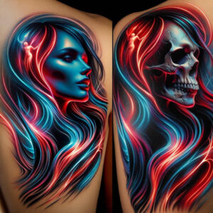 female-face – tattoo design ideas free ai generated – surrealism-floating-elements – for-side-torso – Gallery: faces-inkby-ai