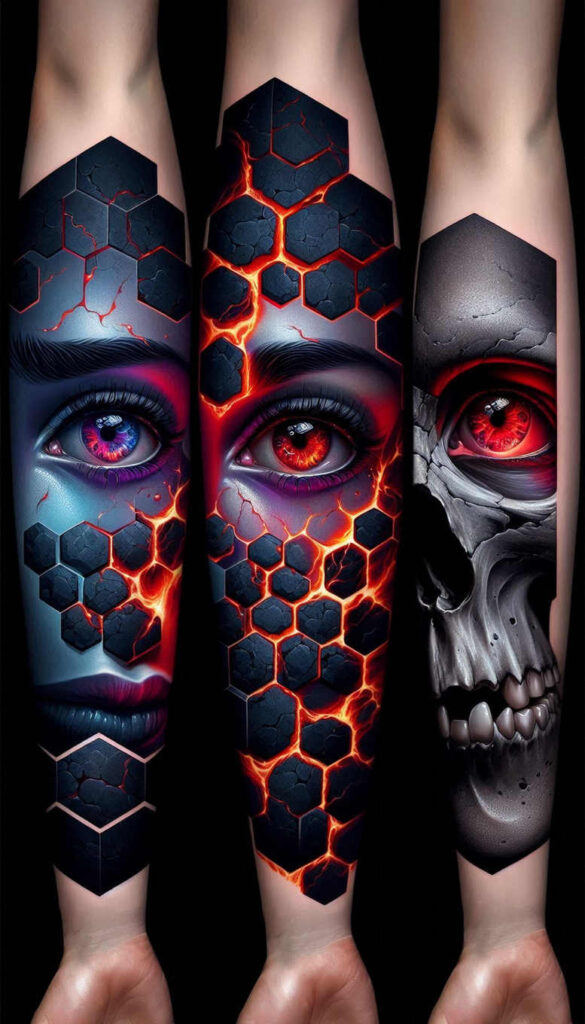 female-face – tattoo design ideas free ai generated – surrealism-imperfect-symmetry – for-upper-back – Gallery: faces-inkby-ai