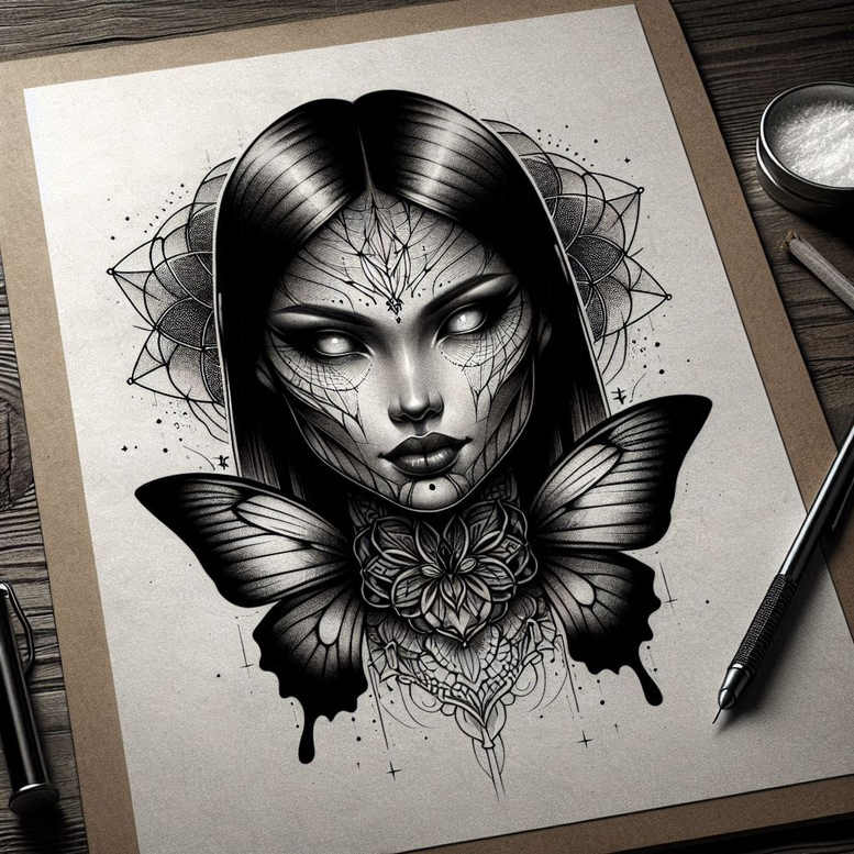floral-face – tattoo design ideas free ai generated – surrealism-melting-forms – for-neck – Gallery: faces-inkby-ai