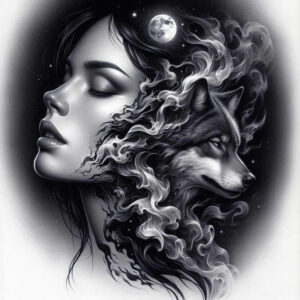 frontal-face – tattoo design ideas free ai generated – surrealism-floating-elements – for-shin – Gallery: faces-inkby-ai