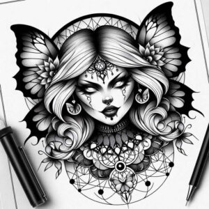 illuminated-face – tattoo design ideas free ai generated – neotraditional-artistic-contrast – for-inner-arm – Gallery: faces-inkby-ai