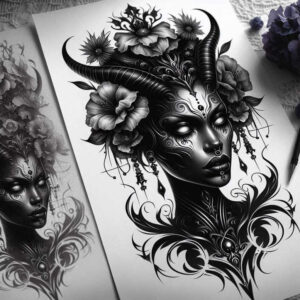 illuminated-face – tattoo design ideas free ai generated – neotraditional-vintage-influence – for-lower-arm – Gallery: faces-inkby-ai
