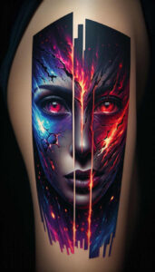 mimicking-face – tattoo design ideas free ai generated – neotraditional-clean-contrast – for-upper-back – Gallery: faces-inkby-ai
