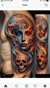 mimicking-face – tattoo design ideas free ai generated – neotraditional-color-blending – for-forearm – Gallery: faces-inkby-ai