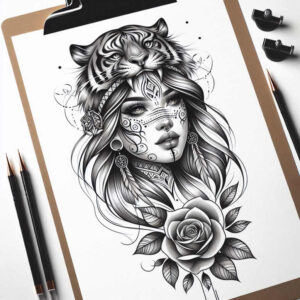 mimicking-face – tattoo design ideas free ai generated – neotraditional-strong-outlines – for-elbow – Gallery: faces-inkby-ai