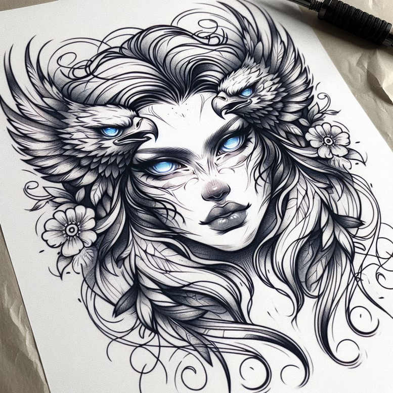 mimicking-face – tattoo design ideas free ai generated – neotraditional-subtle-tone – for-sternum – Gallery: faces-inkby-ai
