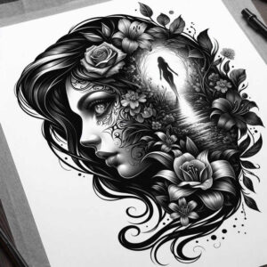 monochrome-face – tattoo design ideas free ai generated – neotraditional-enhanced-shading – for-upper-shoulder – Gallery: faces-inkby-ai