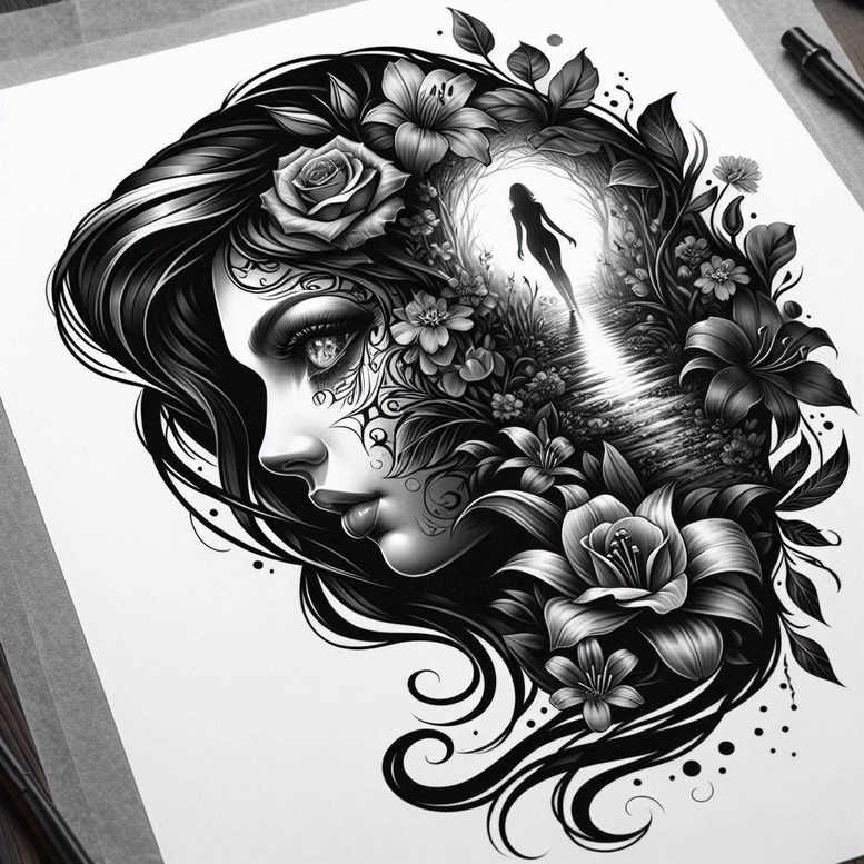 monochrome-face – tattoo design ideas free ai generated – neotraditional-enhanced-shading – for-upper-shoulder – Gallery: faces-inkby-ai