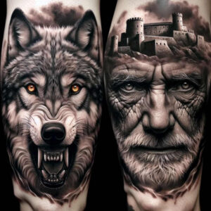 monochrome-face – tattoo design ideas free ai generated – neotraditional-refined-lines – for-collarbone – Gallery: faces-inkby-ai