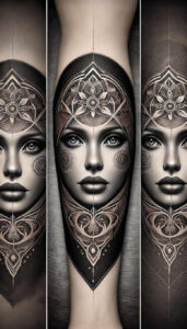 monochrome-face – tattoo design ideas free ai generated – neotraditional-subtle-tone – for-lower-thigh – Gallery: faces-inkby-ai