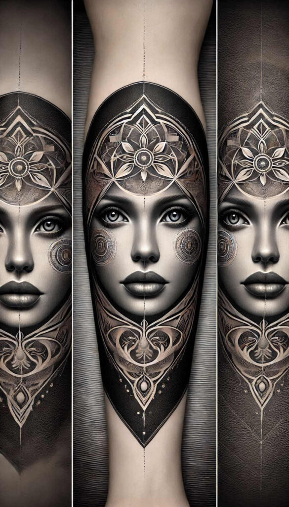 monochrome-face – tattoo design ideas free ai generated – neotraditional-subtle-tone – for-lower-thigh – Gallery: faces-inkby-ai