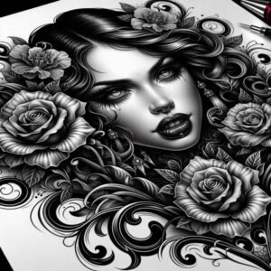 monochrome-face – tattoo design ideas free ai generated – surrealism-symbolic – for-abdomen – Gallery: faces-inkby-ai