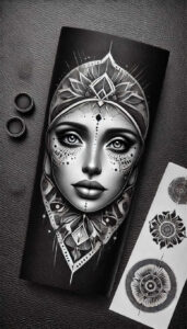 moving-face – tattoo design ideas free ai generated – neotraditional-classic-motifs – for-calf – Gallery: faces-inkby-ai