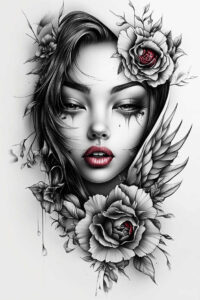 moving-face – tattoo design ideas free ai generated – neotraditional-color-saturation – for-scapula – Gallery: faces-inkby-ai