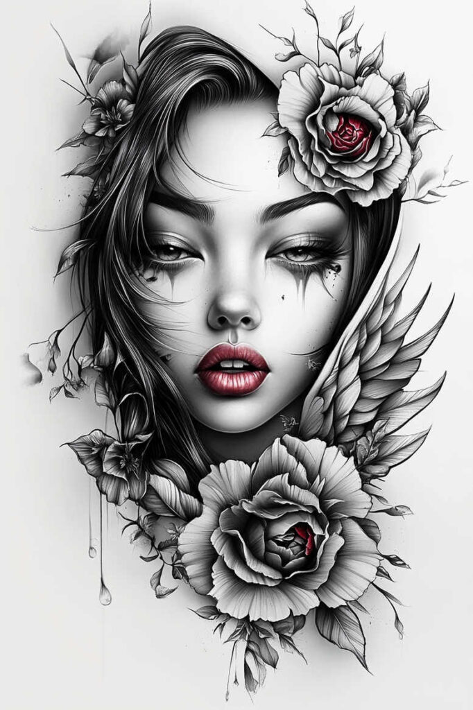 moving-face – tattoo design ideas free ai generated – neotraditional-color-saturation – for-scapula – Gallery: faces-inkby-ai