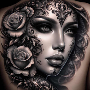 ornamented-face – tattoo design ideas free ai generated – neotraditional-artistic-contrast – for-shoulder-blade – Gallery: faces-inkby-ai