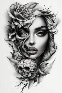 ornamented-face – tattoo design ideas free ai generated – neotraditional-clean-contrast – for-wrist-side – Gallery: faces-inkby-ai