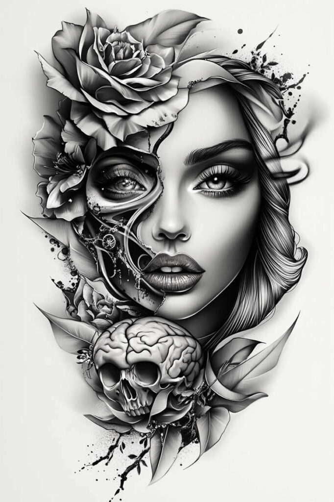 ornamented-face – tattoo design ideas free ai generated – neotraditional-clean-contrast – for-wrist-side – Gallery: faces-inkby-ai