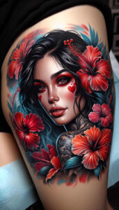 ornamented-face – tattoo design ideas free ai generated – surrealism-symbolism – for-lower-leg – Gallery: faces-inkby-ai