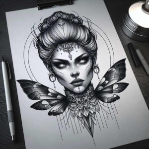 realistic-face – tattoo design ideas free ai generated – neotraditional-bold-texture – for-collarbone – Gallery: faces-inkby-ai