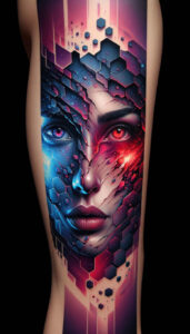 realistic-visage – tattoo design ideas free ai generated – surrealism-disorienting – for-shoulder-blade – Gallery: faces-inkby-ai