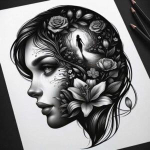 shaded-face – tattoo design ideas free ai generated – realism-refined-lines – for-lower-thigh – Gallery: faces-inkby-ai