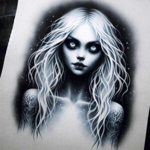 shadow-face – tattoo design ideas free ai generated – neotraditional-textured-fills – for-lower-back – Gallery: faces-inkby-ai