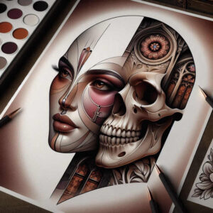 shadowed-face – tattoo design ideas free ai generated – neotraditional-artistic-contrast – for-back-shoulder – Gallery: faces-inkby-ai